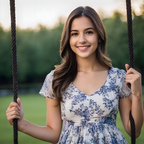 面朝镜头微笑荡秋千美女图片